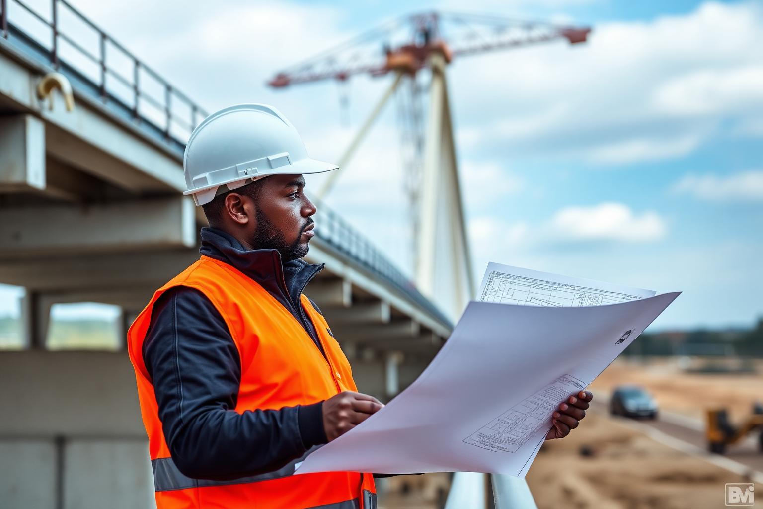 Civil engineer reviewing bridge plans on site