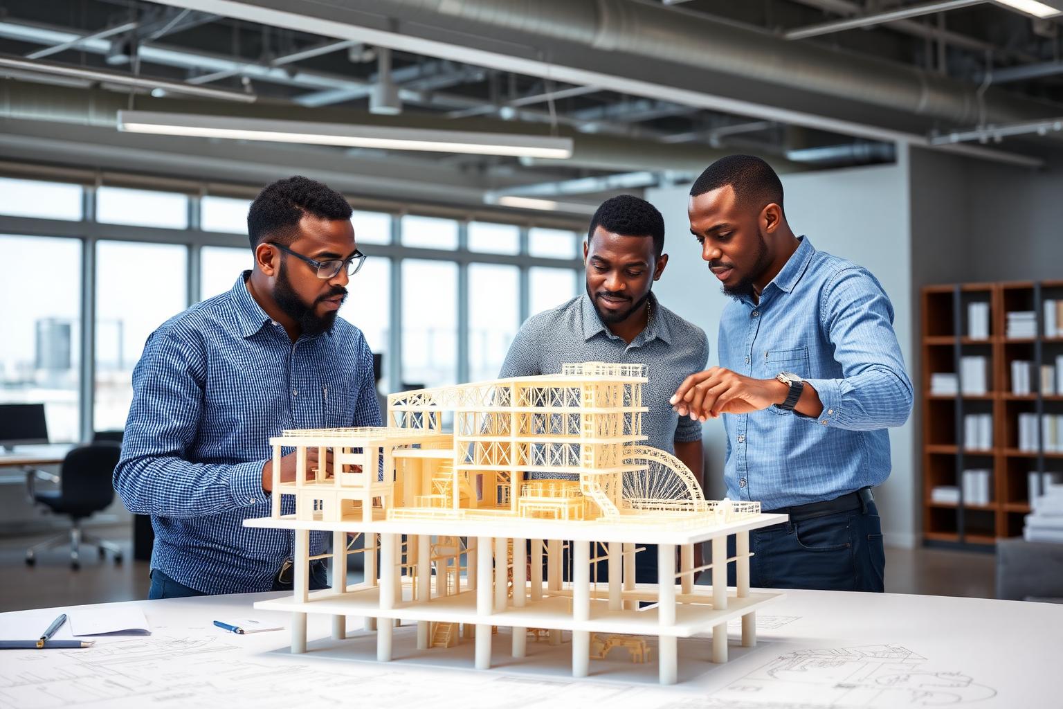 Civil engineering team reviewing an infrastructure model