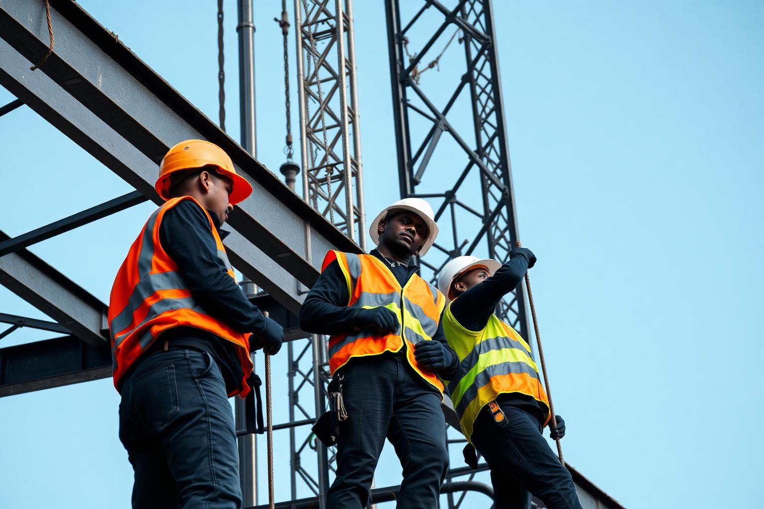 Black construction workers handling steel framework on site