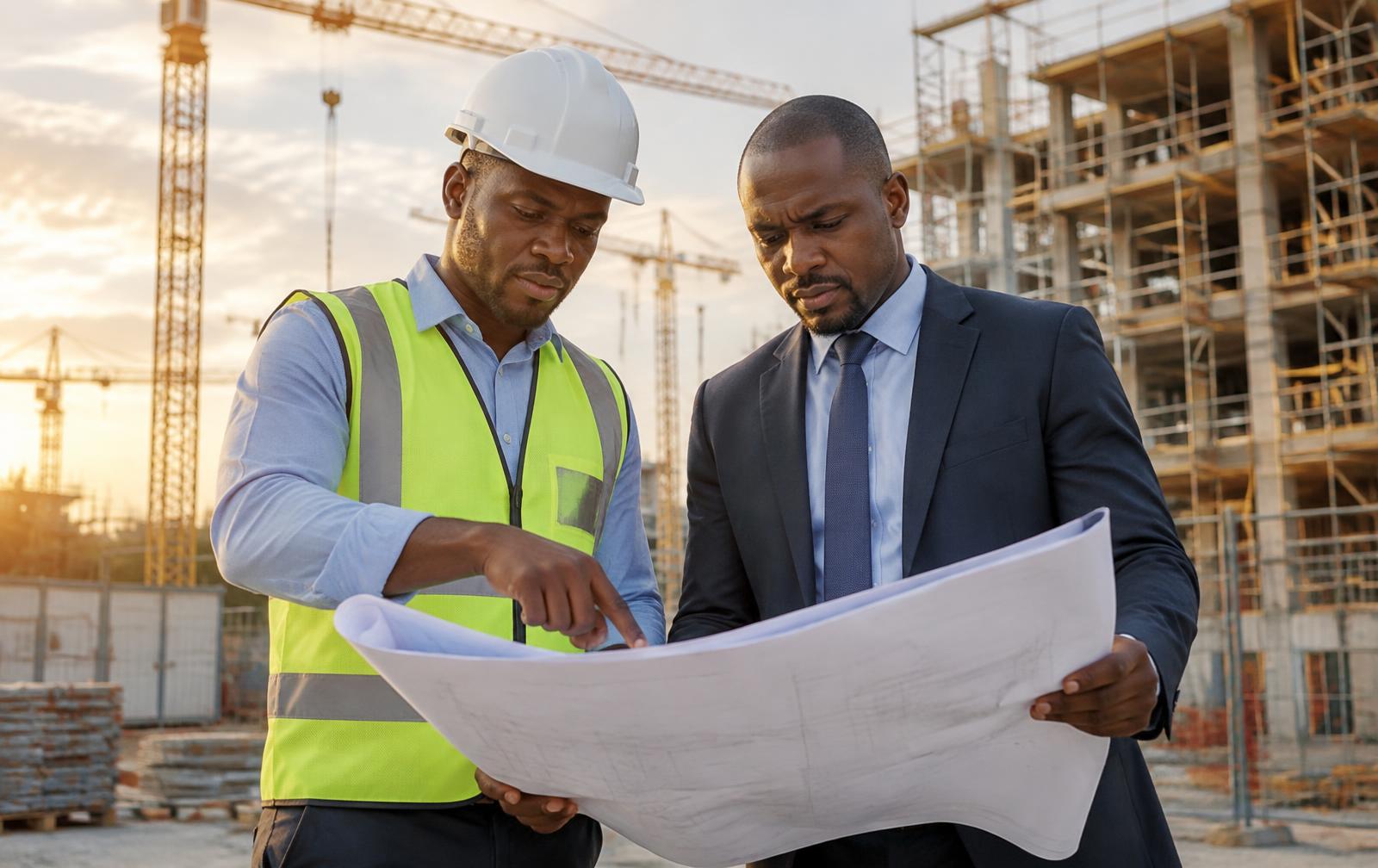 Project manager and site supervisor reviewing construction plans