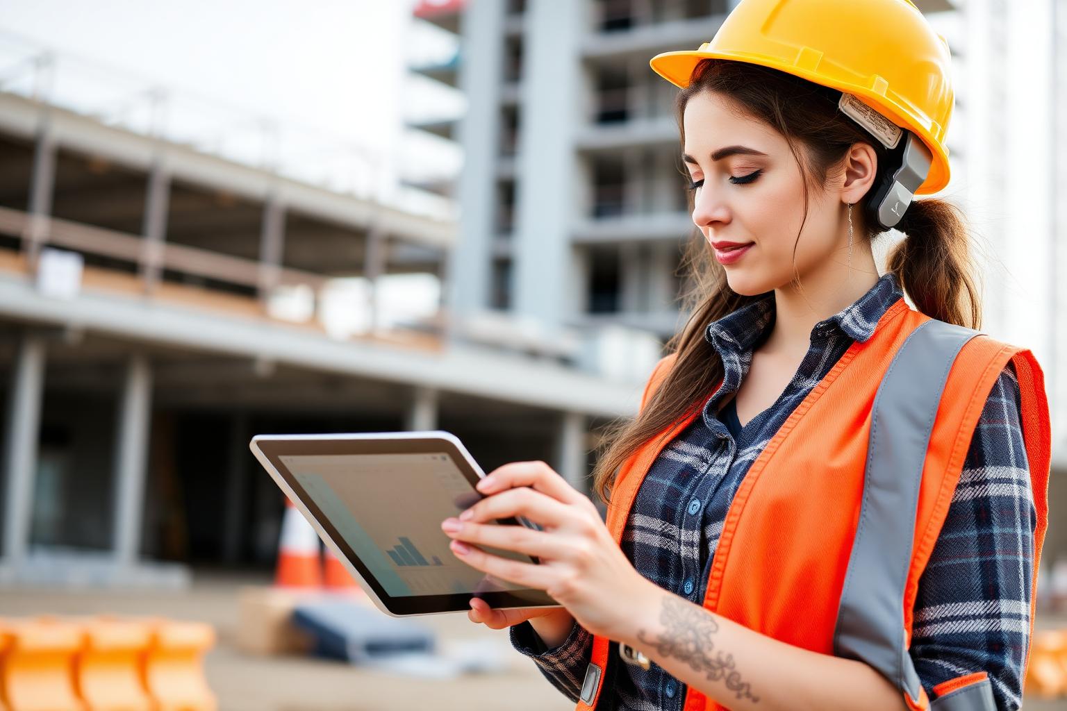 Project manager reviewing work progress on a tablet